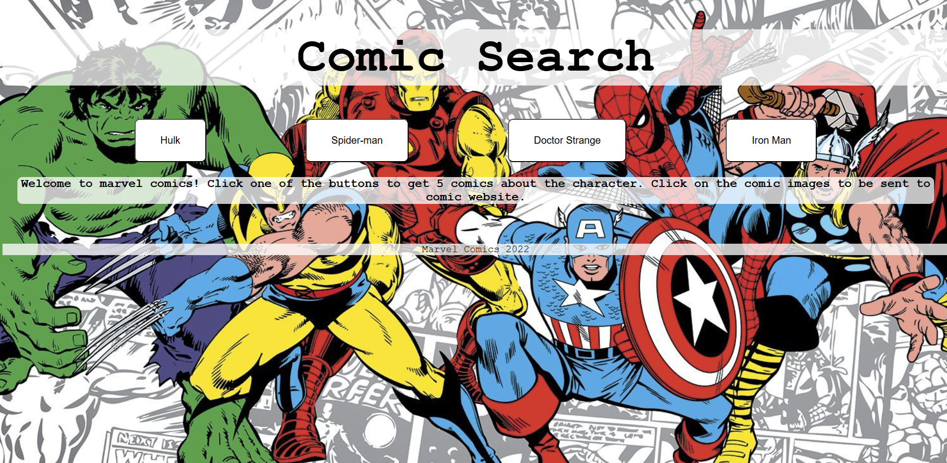 Homepage of Marvel Comic Website project