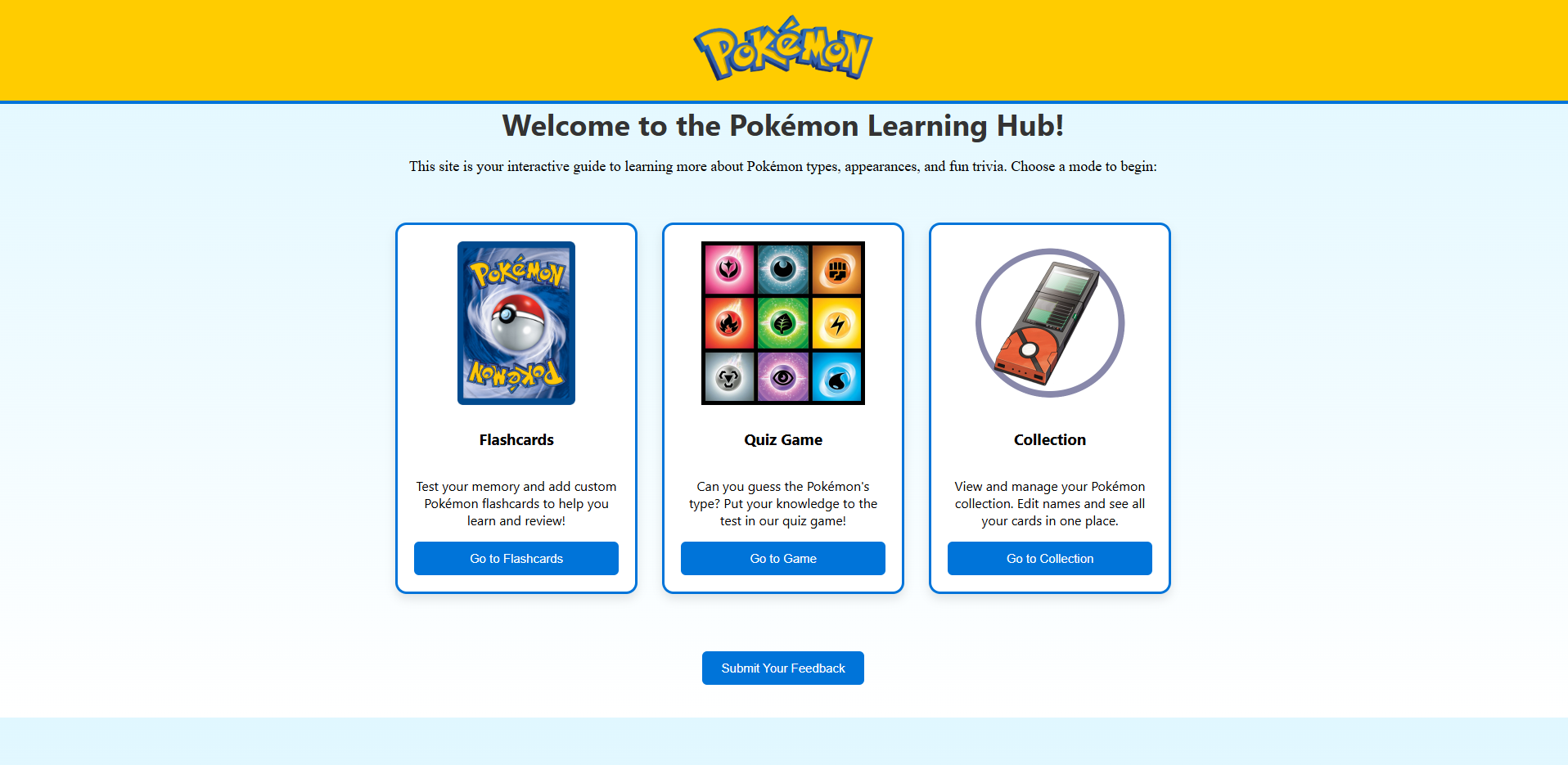 Homepage of the Pokémon Learning Hub project